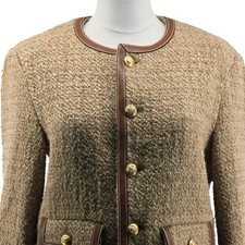 CELINE Jacket Womens 38 Beige Boucle Tweed Collarless Lined Pockets Gold Buttons picture
