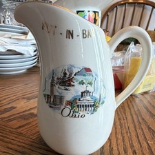 Put-In-Bay Ohio Souvenir Ceramic Pitcher Jug, White with Gold Trim circa 1950’s  picture