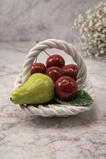 Vintage Italian Ceramic Fruit Basket Cherries Pear Lazzarin Italy Hand Painted picture