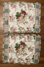 Waverly Floral Striped Ruffled Pillow Standard Shams Green, Pink White Set Of 2 picture
