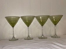 Vintage Olive Green With Clear Stem Martini Glass 8” Tall picture