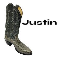 Justin Boots #8936 Men’s Cowboy Boots Grey Ostrich/Leather Size 8 D Pre-Owned picture