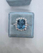 4.40 Ct Cushion Cut Natural Aquamarine Diamond Ring 14K Solid White Gold Size 6 picture