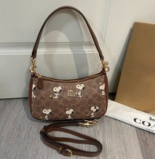 COACH x PEANUTS Teri Shoulder Bag Tan Brown Snoopy Print Signature Canvas CBJ88 picture