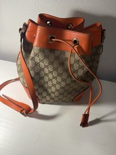 Authentic Gucci GG Supreme Bucket Bag Orange Leather Trim Crossbody Drawstring picture