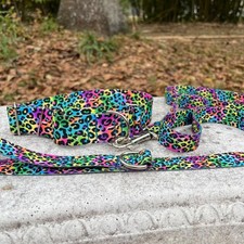 1.5in wide Neon Leopard Slip On Martingale Dog Collar and Leash Set Made in USA picture