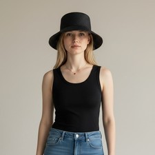 NWT J. Crew Wide Brim Black Raffia Bucket Hat M/L Packable M L Beach Travel Sun picture