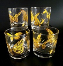 (399) *RARE MCM Culver LTD 22K Gold Butterfly Lowball Glasses Set Of 4 *MINT picture