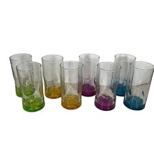 Vintage Libbey Crisa Multicolor Retro Pinched Thumbprint Tumbler Glasses Set 8 picture