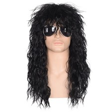 morvally Men’s 80s Style Long Black Curly Hair Wig Glam Rock-Rocker  picture