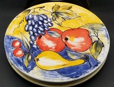 Set of 2 Pier 1 Italy Hand Painted Grapes Apples Pears on Blue & Yellow UNUSED picture