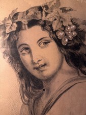 Antique 1874 Victorian Signed Original Drawing Bacchus Classical Portrait Framed picture