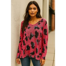 Bibi Women's Pink Black Blue Leopard Print Knit V-Neck Long Sleeve Sweater Top M picture