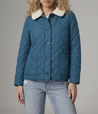NWT Talbots Women’s Size PM Blue Polyester Button Up Barn Jacket Faux Fur Collar picture