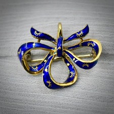 Vintage Italian 18K Yellow Gold Cobalt Blue Enamel Ribbon Bow Brooch Pin 3.76g picture