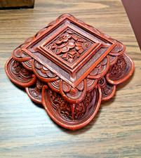 Vintage Faux Carved Wood Cinnabar Detailed Box with Lid Red Ornate picture