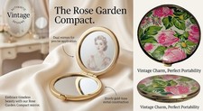 Vintage Stratton England Powder Compact Mirror Pink Roses Daisies Floral Century picture