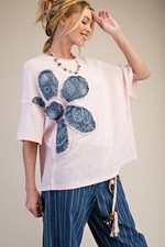 Easel Women's Paisley Bandana Flower Patch Knit Top in Blush Pink picture