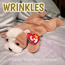 ❤️ 1996 WRINKLES Ty Beanie Babies Brown & White BULLDOG Baby *MWMT* picture