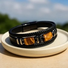 Black Leather Tiger Eye Stone Bracelet Men Jewelry Luxury Gift Healing Gemstones picture