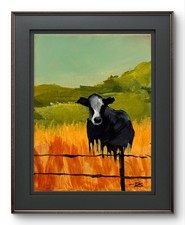 R Stevens Original 9x12 Impressionist Black Cow Pasture Fence Painting Signed picture