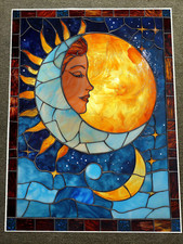 Art Nouveau Style Stained Glass Depiction of Sun and Moon with Cosmic Design Pos picture