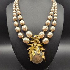 RARE Miriam Haskell Baroque Pearl Necklace 2 Strand Large Leaf Pendant Vintage picture