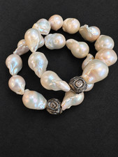 2 Large Baroque Freshwater Pearl Sterling Silver Polki Diamond Bracelets picture