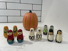 Vintage Terry’s Village Wooden Pumpkin Holding 10 Small Halloween Nestin Figures picture