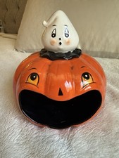 Johanna Parker LARGE Orange Pumpkin Ghost Big Mouth Bowl Halloween Transpac HTF picture
