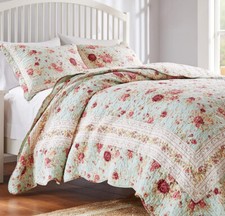 ROMANTIC ROSE 2pc Twin QUILT SET : COTTAGE BLUE CHIC SHABBY VINTAGE FARMHOUSE picture