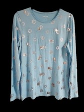 Lands End Womens Long Sleeve Top, Blue W/ Snowflakes, Medium, NWT, Ships Free picture