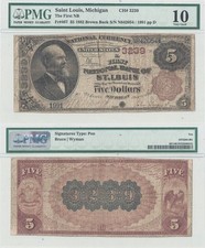 1882 $5 Michigan, St. Louis PMG VG-10 Charter 3239 picture