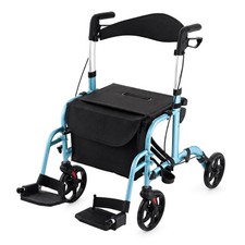 Goplus 2 in 1 Ergonomic Foldable Medical Rollator Aluminum Transport Chair Blue picture