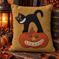 Primitive Halloween Black Cat Pumpkin Small Wool Applique Folk Art Pillow Vtg picture