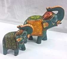 Vintage Hand Carved Painted Wooden Elephant Figurine Pair Indian Folk Art Decor picture