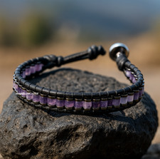Premium Men Amethyst Hematite Ladder Leather Bracelet Vintage Protection Jewelry picture