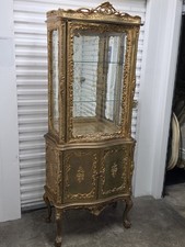 Antique French Rococo Baroque Louis XV Gold Curio Cabinet Glass Doors Carvings picture