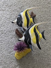 2 Hand Carved Wooden Moorish Idol Fish With Faux Coral Reef Mount Sculpture picture