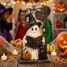 1pc Halloween Ghost Witch Figurine Pumpkin Cat Tabletop Decor Spooky Statue -New picture