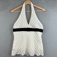 Arden B Y2K Ivory White Ruffle Mesh Halter Top Black Velvet Bow Waist Size M picture