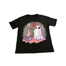 ROMWE Graphic T-Shirt Womens Medium Black Excellent Ghost Cat Halloween Tee picture