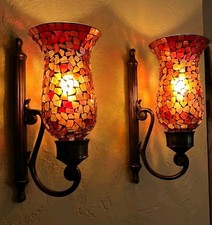 Bombay Vintage Set of 2 Mosaic Glass Metal Wall Sconce Mounted Indoor, MPN 5026 picture