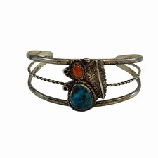Vtg Navajo Sterling Silver Turquoise Coral Feather Cuff Bracelet 6.5