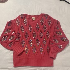 BiBi Women's Pink Sequin Knit V-Neck Pullover Sweater Long Sleeve Size S picture