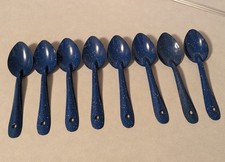 Vintage Blue & White Speckled Enamel Ware Lot of 8 Dining Spoons Granite Camp 7” picture