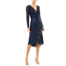 Mac Duggal 26555 Blue Cocktail Dress Sequined Long Sleeve Midi Sheath Size 10 picture
