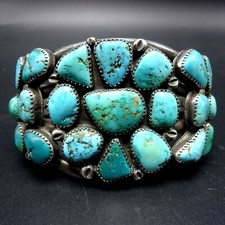 Gorgeous HEAVY VINTAGE Sterling Silver MORENCI TURQUOISE Cluster Cuff BRACELET picture