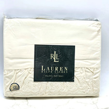Ralph Lauren Vintage FULL Flat Sheet BROMLEY Linen Lace White Shabby Chic RARE picture