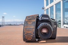 Vintage Lens Optical Design Formula Camera Strap, Black with Orange Embroidery picture